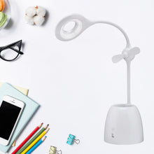 Rechargeable LED desk lamp with fan and pen holder, ideal for study and office.