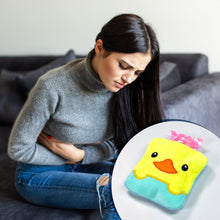 Small hot water bag with yellow duck design, great for shoulder pain relief.