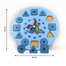 wooden clock toy showing numbers and clock hands.