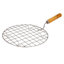 Round stainless steel barbecue grill with wooden handle.