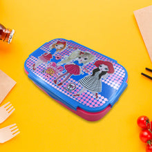 School lunch box with cartoon characters and spoon