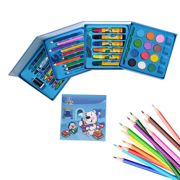 Plastic art color set with 58 pieces including pencils, crayons, oil pastels, and sketch pens.